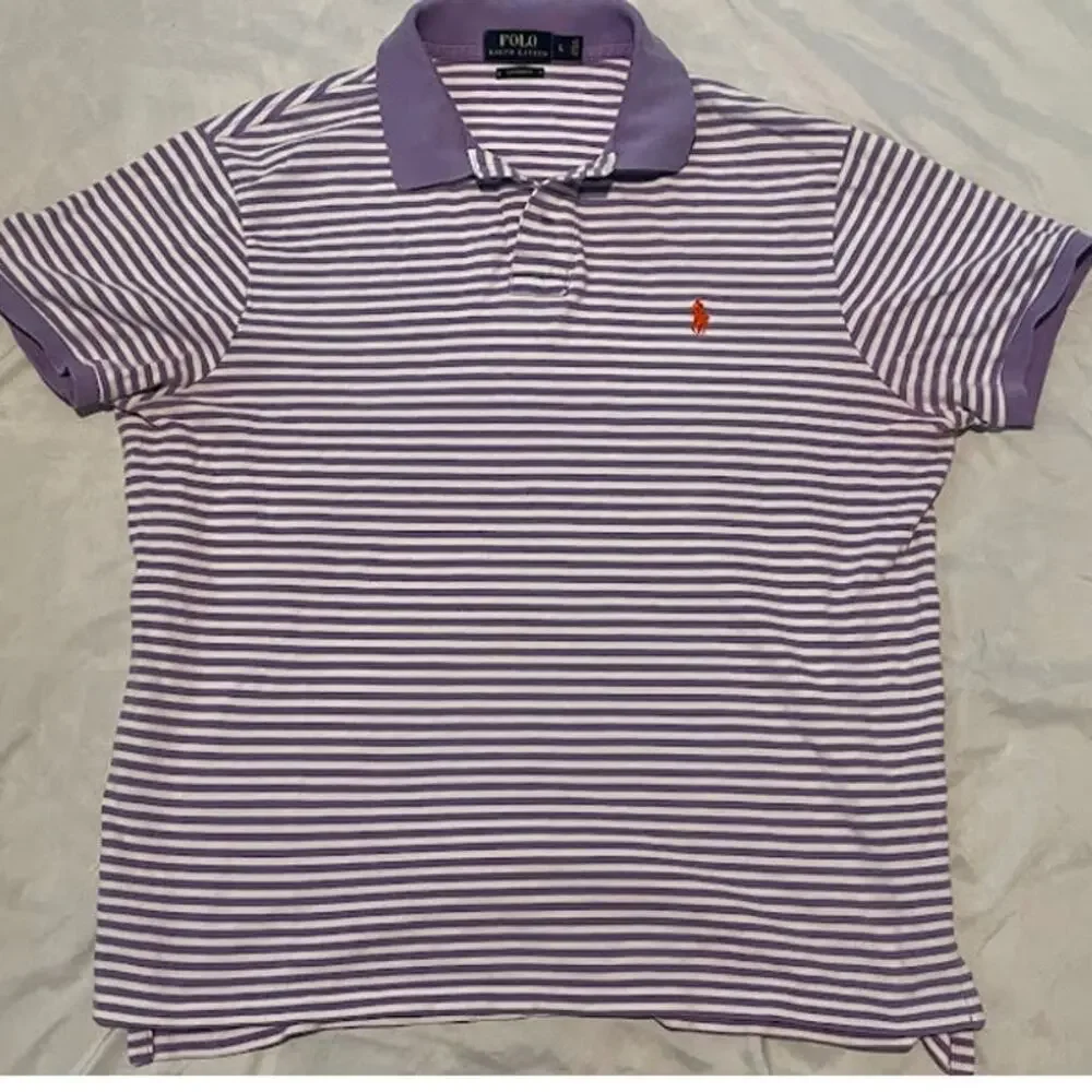Polo Ralph Lauren Men's Custom Fit Striped Polo Shirt Purple White Size L
